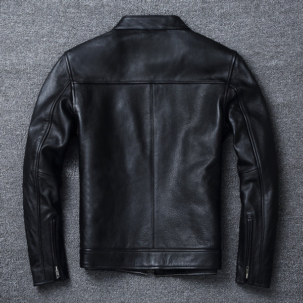 Chaqueta de Cuero Genuino Estilo Retro con Cuello Mao para Hombre
