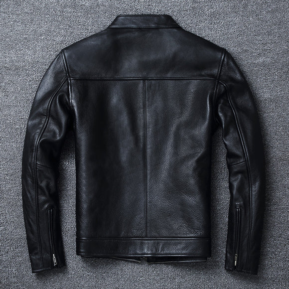 Chaqueta de Cuero Genuino Estilo Retro con Cuello Mao para Hombre