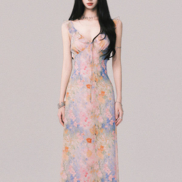 Vestido Largo Escote V Flores con Tirantes - Estilo Playa Vacacional