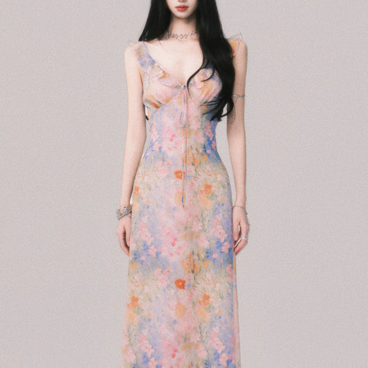Vestido Largo Escote V Flores con Tirantes - Estilo Playa Vacacional