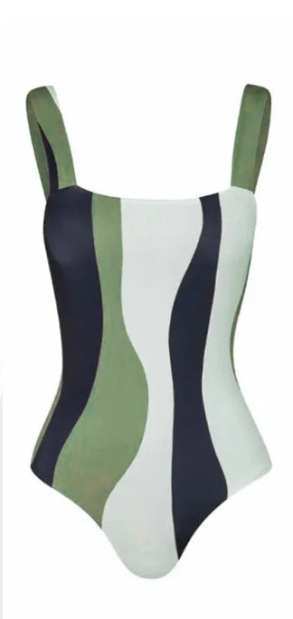 Green and white abstract wavy print one-piece swimsuit with matching sarong, offering conservative belly coverage. - Image 8