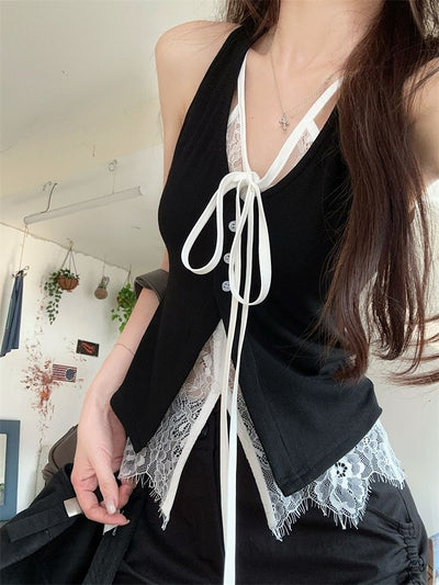 Top Elegante Sin Mangas con Encaje Falso Dos Piezas Negro - Image 10