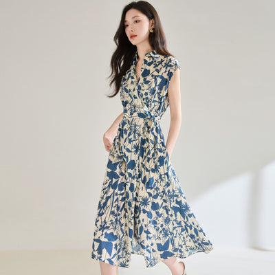 Vestido Camisero Ajustado Estampado Azul y Blanco - Image 4