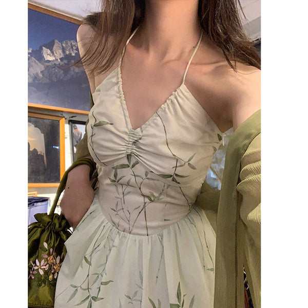 Vestido Largo Estilo Chino con Tirantes Halter - Diseño Elegante Impreso