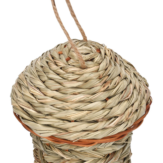 Handmade straw bird nest, house-shaped with a hanging rope, natural color, 15cm tall, 14cm wide. - Image 2
