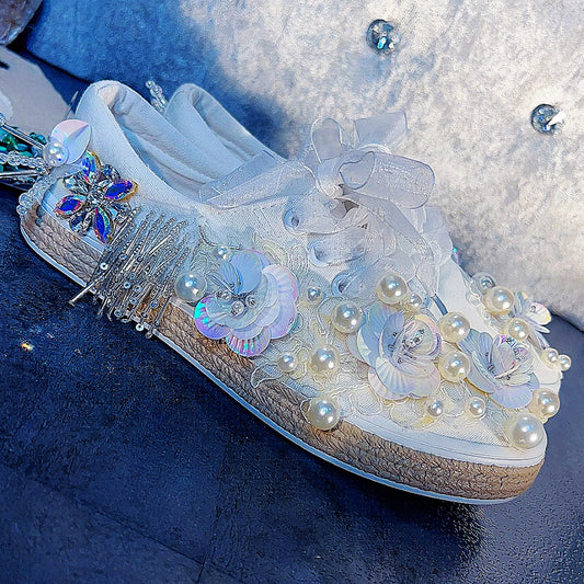 Zapatos Casuales de Lona para Mujer con Perlas y Strass Primavera