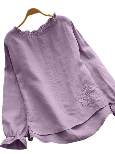 Blusa Suelta de Algodón y Lino con Cuello Bordado de Flor de Loto Japonesa - Image 7