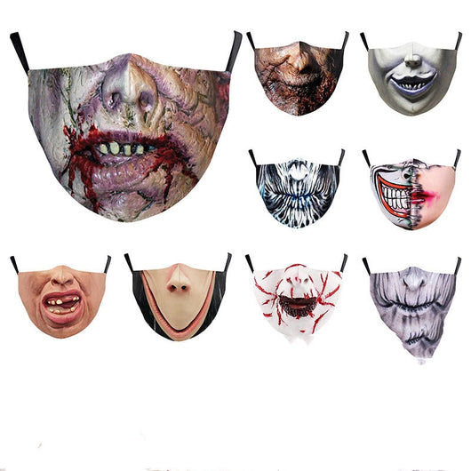 Halloween dust mask with a split design: one side a smiling clown face, the other a stitched, bloody mouth. - Image 21