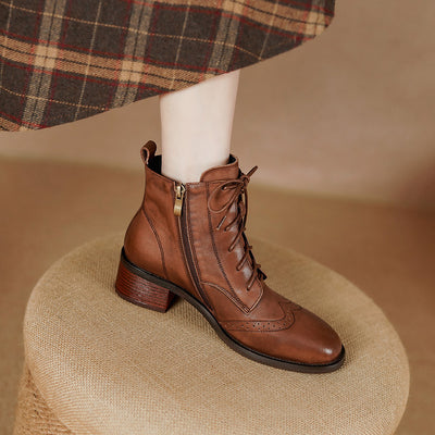 Botas Tobilleras de Cuero Estilo Retro con Cierre Lateral y Cordones - Image 3