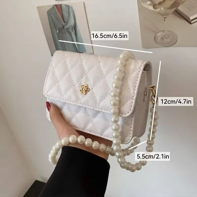 Bolso Bandolera Mujer con Cadena de Perlas y Cuadrícula de Diamantes - Image 7
