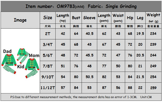 Three matching green elf-themed pajama sets for Dad, Mom, and Kid, featuring striped pants and long-sleeved tops. - Image 2