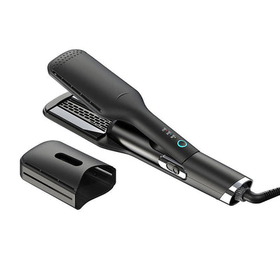 Black two-in-one hot air hair curler and straightener with a protective cap, temperature settings, and power button. - Image 4