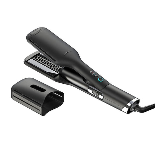 Black two-in-one hot air hair curler and straightener with a protective cap, temperature settings, and power button. - Image 4