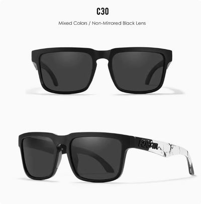 Men's and women's dazzling blue and black striped polarized sunglasses with gray lenses and a black case. - Image 30