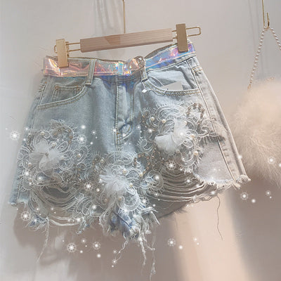 Shorts Talle Alto con Detalles de Diamantes - Estilo Coreano - Image 6
