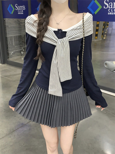 Blusa Rayas con Cordones y Encaje Manga Larga para Mujer - Image 15