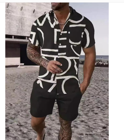 Conjunto de Camisa Hawaiana Hombre a Rayas Blanco y Negro - Image 13
