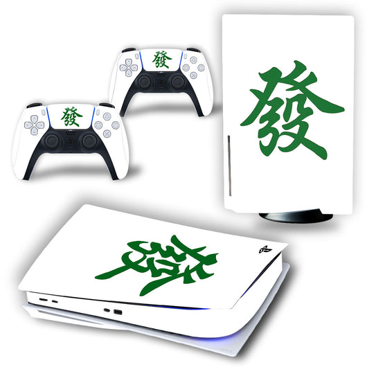 White PS5 console and controller skins with a green Mahjong character design. - Image 10