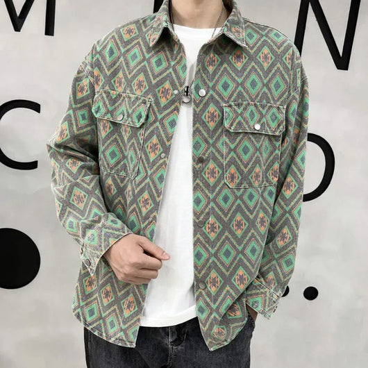 Chaqueta Vaquera Delgada Estampado Flor de Anacardo - Camisa Versátil para Hombre - Image 11