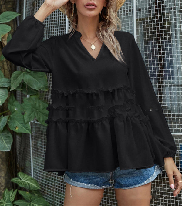 Blusa Cuello V con Volantes en Dobladillo