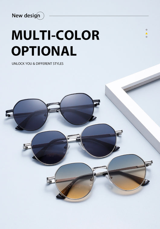 Round metal sunglasses with silver frames and dark gray lenses, featuring black temple tips, on a white background. - Image 21