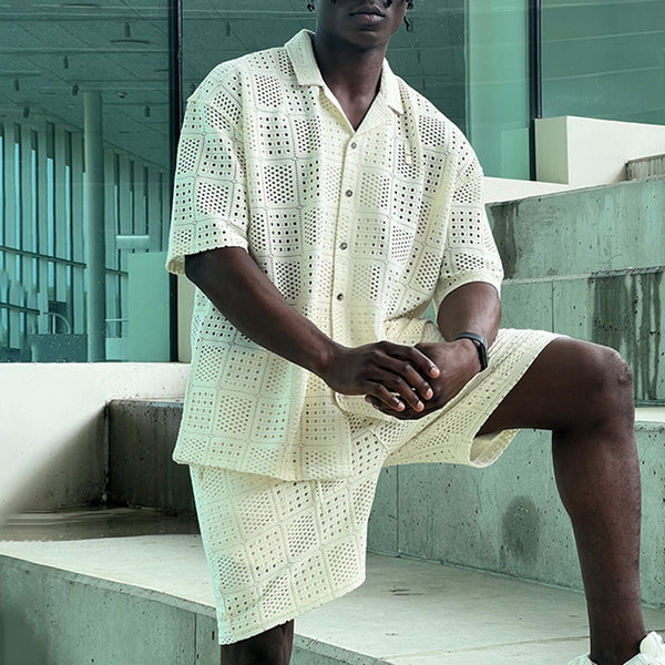 Conjunto de Camisa Hueca con Solapa y Shorts Sueltos para Hombre