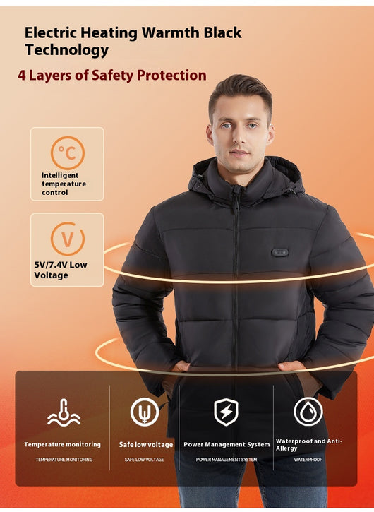 Man and woman modeling black smart heating puffer jackets with hoods, zippered pockets, and horizontal quilting. - Image 22