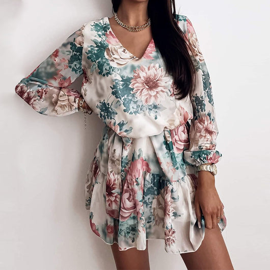 Vestido Corto Estilo Europeo Cintura Alta con Escote en V y Estampado Fresco - Image 11