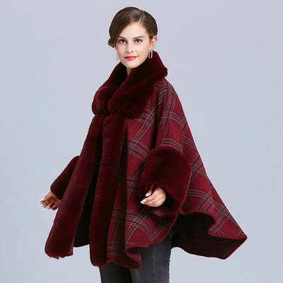 Poncho Cuadriculado para Mujer con Cuello de Pelaje Sintético Zorro - Abrigo Invierno - Image 3