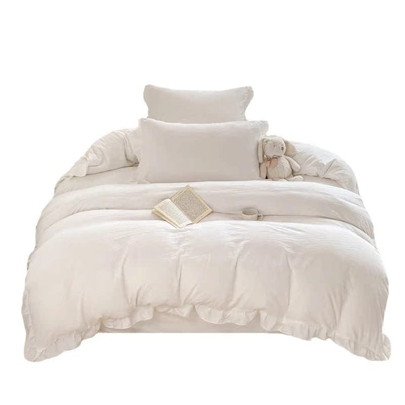 Juego de Cama Blanco de 4 Piezas Estilo Princesa, Algodón Lavado a la Piedra