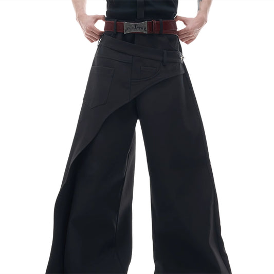 Pantalones Casuales con Detalles de Costura Mixta y Hebilla Metálica