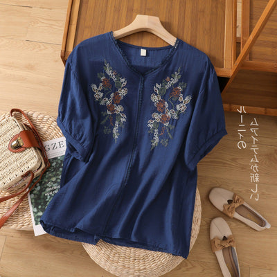 Blusa Suelta de Algodón y Lino con Escote V y Manga Corta para Mujer - Image 6