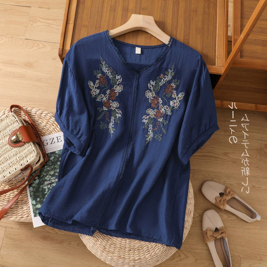 Blusa Suelta de Algodón y Lino con Escote V y Manga Corta para Mujer - Image 6