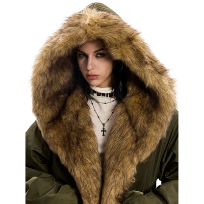 Parka Holgada con Capucha y Cuello de Pelaje para Mujer - Image 3