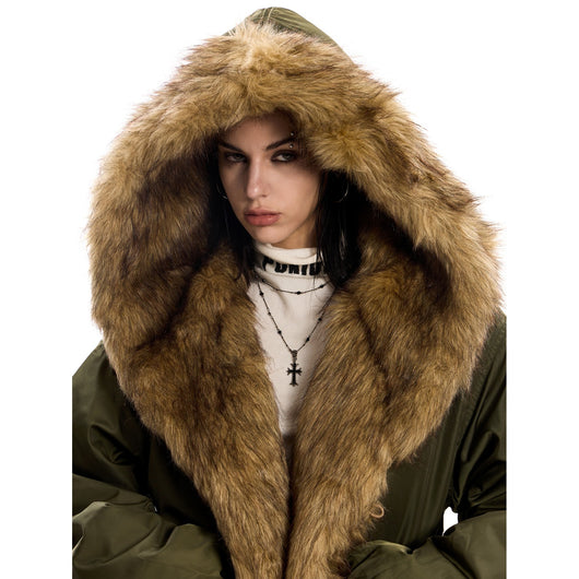 Parka Holgada con Capucha y Cuello de Pelaje para Mujer - Image 3