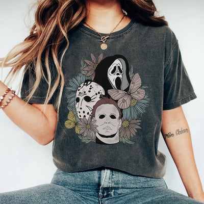 Playera de Algodón Vintage con Estampado de Películas de Terror para Halloween