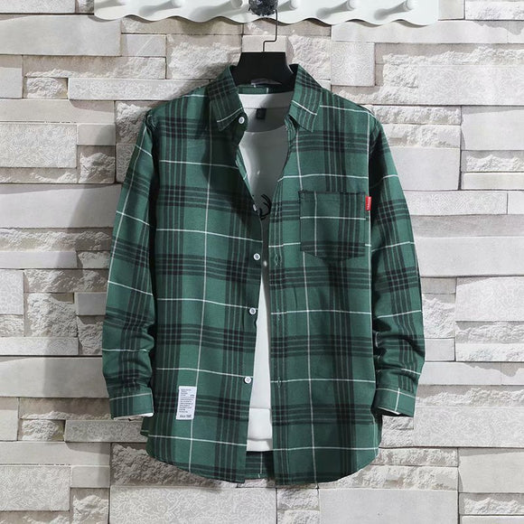 Camisa Cuadriculada Manga Larga Estilo Coreano Corte Relajado