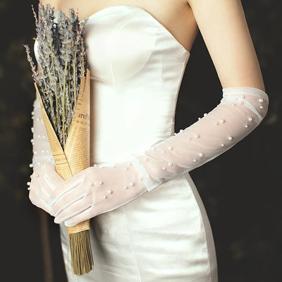 Guantes de Novia Malla de Perlas Blanco Elegante - Image 4