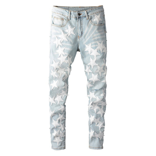 Pantalones Vaqueros de Cuero con Parches Rasgados y Diseño Pentagram - Image 2