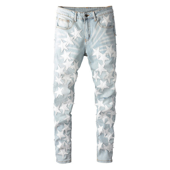 Leather Jeans with Ripped Patches and Pentagram Design
