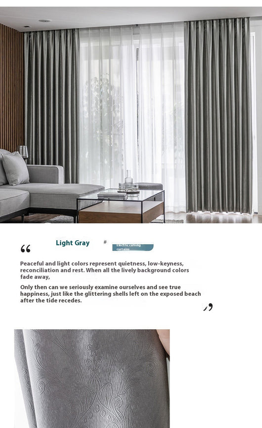 Brown thickened shading curtain with an electric carving floral texture, partially drawn in a bedroom setting. - Image 18