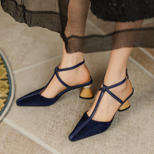 Sandalias Retro Francesas de Tacón Grueso con Hebilla en Gamuza para Mujer