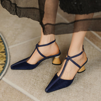 Sandalias Retro Francesas de Tacón Grueso con Hebilla en Gamuza para Mujer
