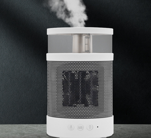 White and black 3-in-1 space heater with humidifier and night light, featuring a mesh grille and control buttons. - Image 9