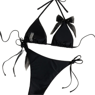 Black strappy backless bikini two-piece swimsuit for women with triangle top and tie-side bottoms, featuring sheer polka dot bows. - Image 5