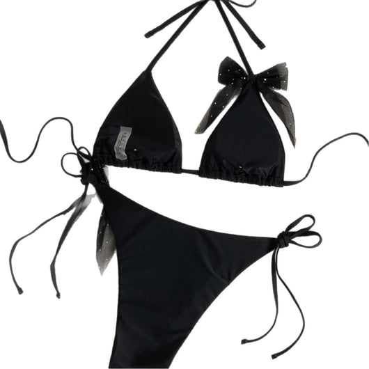 Black strappy backless bikini two-piece swimsuit for women with triangle top and tie-side bottoms, featuring sheer polka dot bows. - Image 5