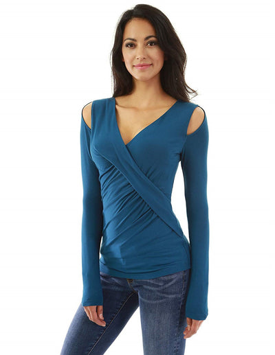 Blusa Elegante Escote Profundo Hombros Descubiertos Manga Larga Ajustada - Image 3