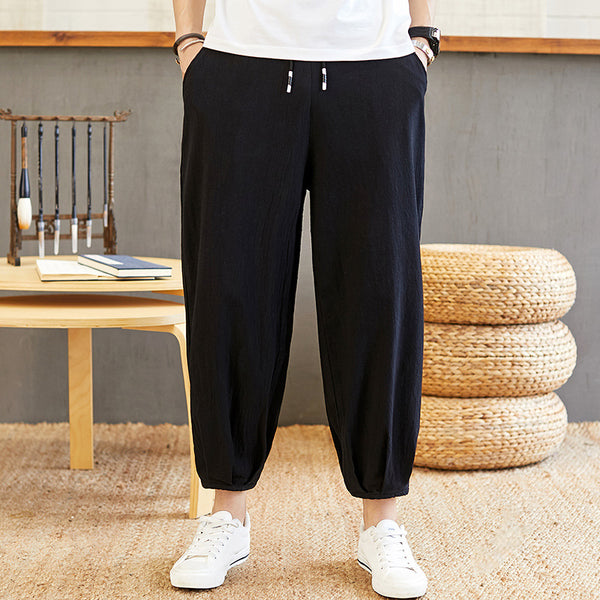 Pantalones Anchos Estilo Chino de Algodón y Lino para Hombre