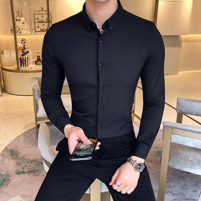 Camisa Manga Larga Estilo Gentleman Británico de Color Sólido - Image 4