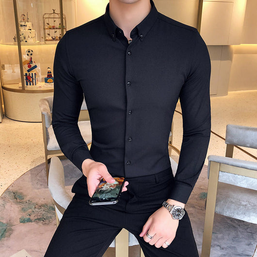 Camisa Manga Larga Estilo Gentleman Británico de Color Sólido - Image 4